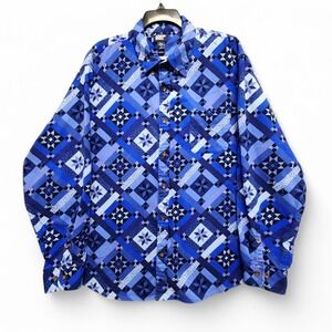 Lands End Printed Flagship Flannel Shirt Mens XXL Blue Fair Isle Geometric Print